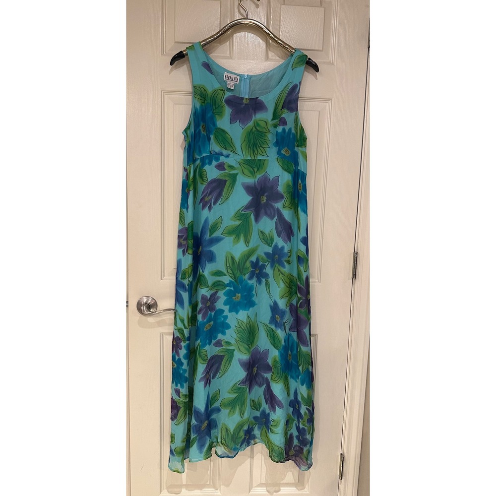 Robbie Bee Silk Maxi Dress Womens 16 Turquoise Floral Sleeveless Lined Summer